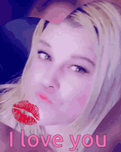 a woman blowing a kiss with the words " i love you " on the bottom
