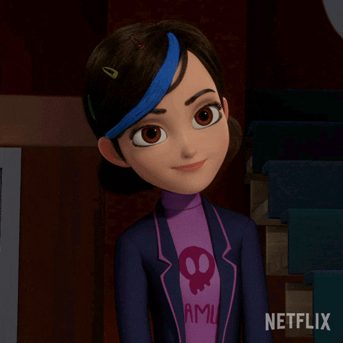 a cartoon character from netflix is smiling and wearing a purple shirt with a skull on it