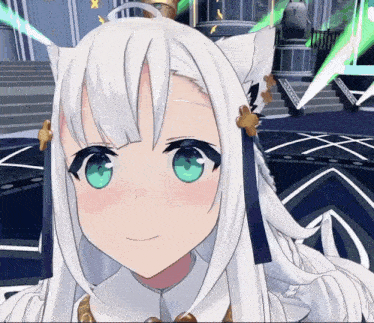 a girl with white hair and blue eyes is smiling