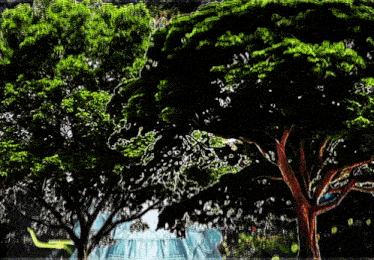 a tree with lots of leaves is surrounded by a waterfall