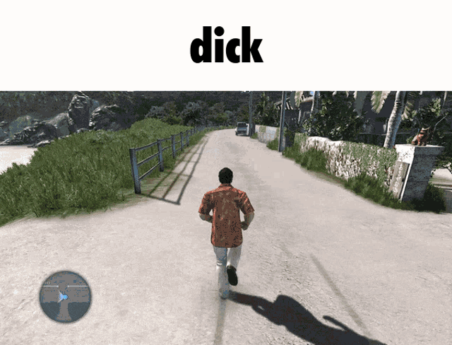 a man in an orange shirt is running down a dirt road with the word dick above him