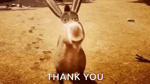 a donkey from shrek is standing on a dirt road and saying thank you .