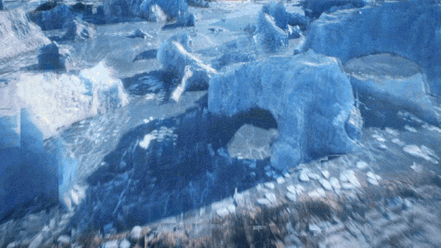 a painting of a landscape with ice and rocks in the background