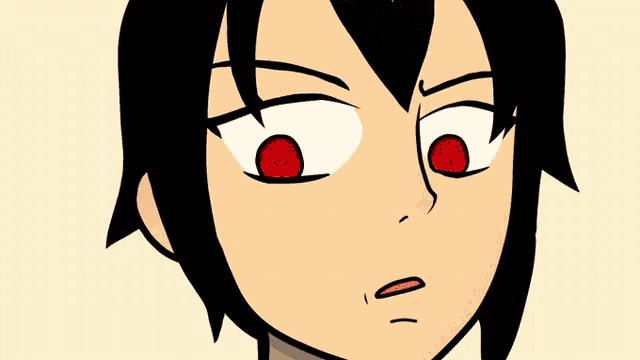 a close up of a cartoon character with a red eye