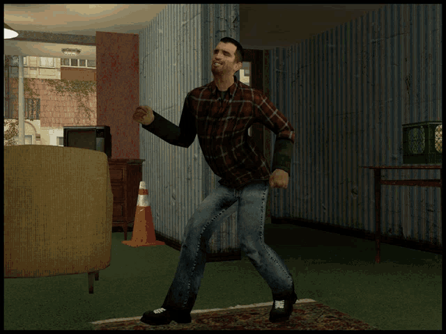 a man in a plaid shirt and jeans is standing in a hallway