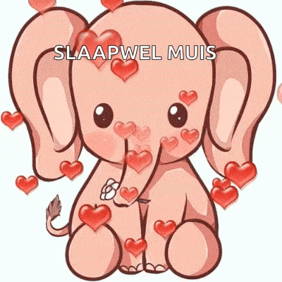 a pink elephant is surrounded by red hearts and has a flower in its trunk .