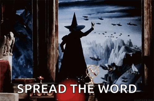 a witch standing in front of a window with the words spread the word below her