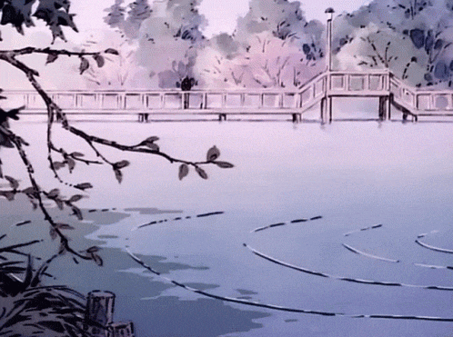 a painting of a bridge over a body of water with trees in the background