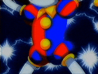 a cartoon drawing of a clown in a red and blue suit