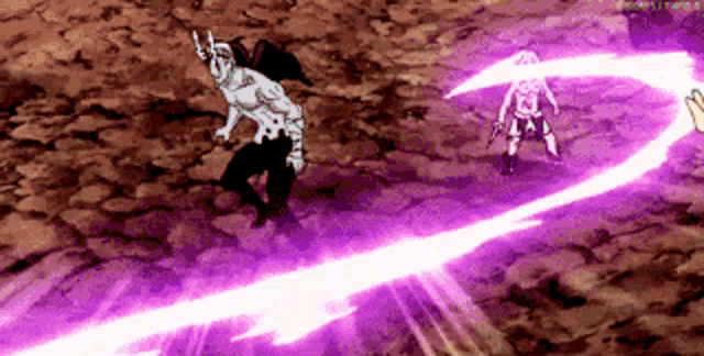 a purple light is coming out of a person 's hand in a cartoon