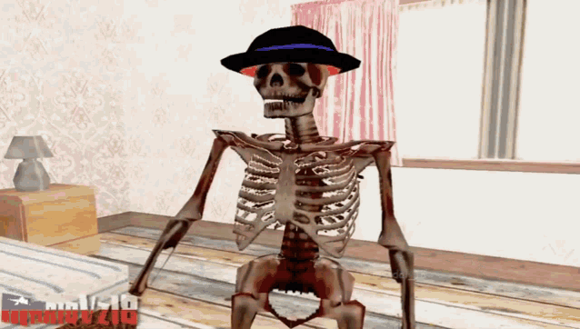a skeleton wearing a hat is sitting on a wooden floor
