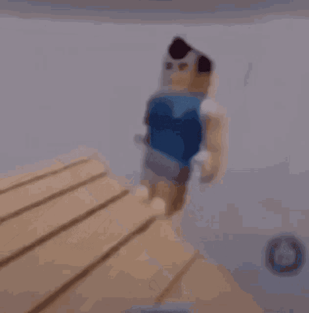 a roblox character is standing on a wooden dock in the water .