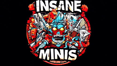 a colorful logo for insane minds with a skull and knives