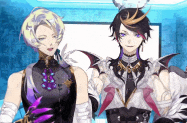 two anime characters are standing next to each other in front of a blue wall
