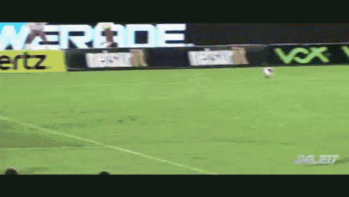 a soccer game is being played on a field with a vox ad in the background