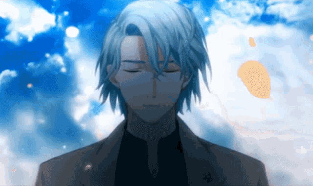 a man with his eyes closed is standing in front of a blue sky