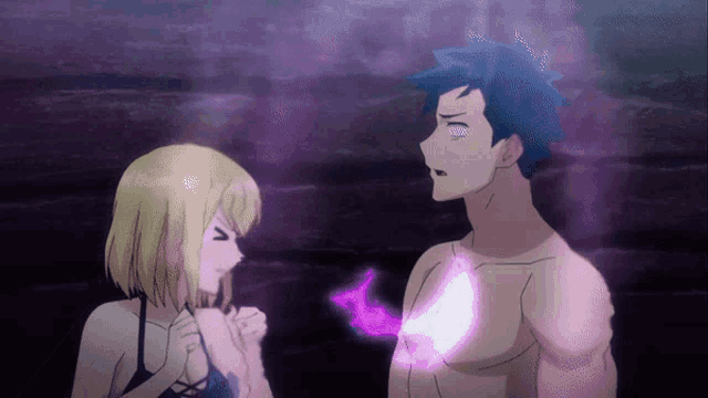 a man and a woman are standing next to each other with a purple heart coming out of his chest