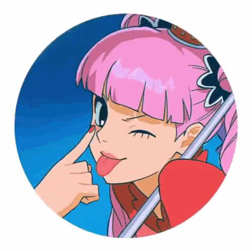 a girl with pink hair sticking her tongue out