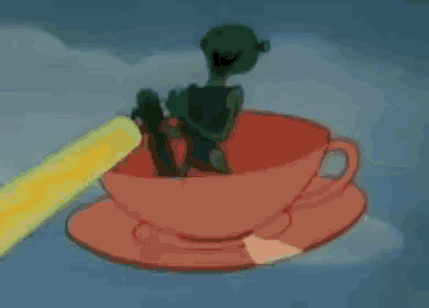 a cartoon character is flying in a red cup