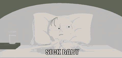 a cartoon character is laying in a bed with the words `` sick baby '' written above him .