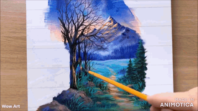 a painting of a tree with mountains in the background is made in animatica