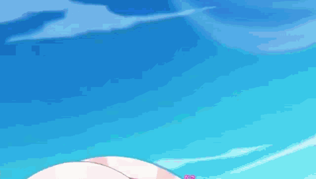 a cartoon character is laying on the ground in front of a blue sky with clouds .