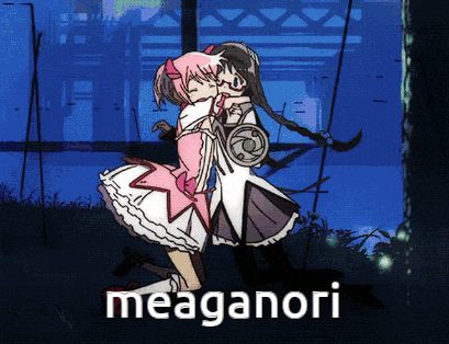 a cartoon of two girls hugging with the word meaganori on the bottom left