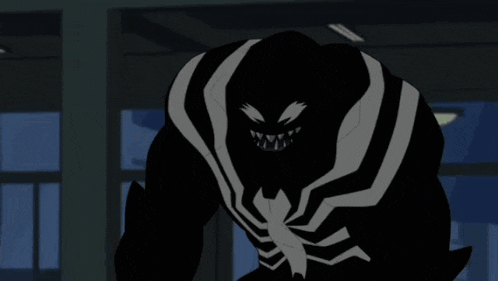 a silhouette of venom with a spider on his chest is standing in a dark room