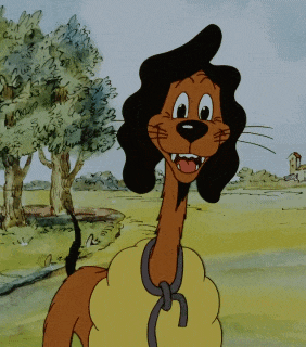 a cartoon dog with a long neck and a yellow shirt