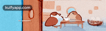 a cartoon of two birds sitting on a table with the website kulfyapp.com in the upper right corner