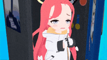 a girl with red hair is standing in front of a door