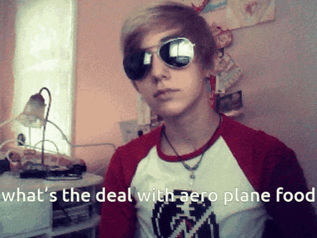 a young man wearing sunglasses and a red and white shirt says what 's the deal with aero plane food
