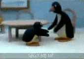 two penguins are standing next to each other in a living room and one of them is holding another penguin 's tail