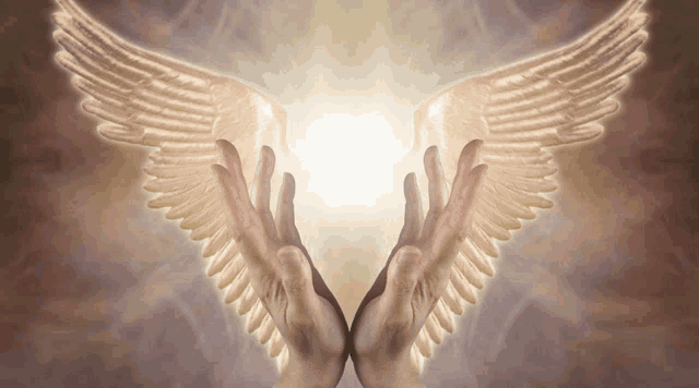 a painting of a pair of hands with angel wings