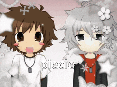 a couple of anime characters standing next to each other with the name piecie written on the bottom