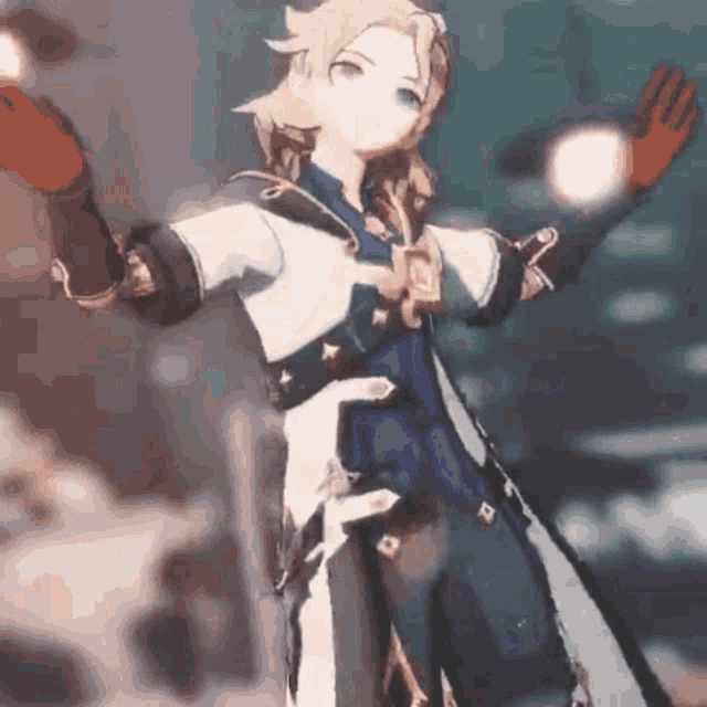 albedo from genshin impact is standing in the snow with his arms outstretched and a sword in his hand .