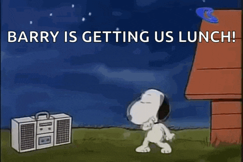 a cartoon of snoopy standing in front of a boombox with the words `` barry is getting us lunch '' .