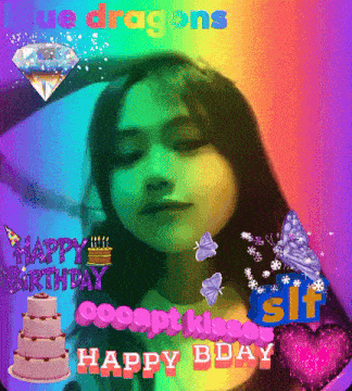 a girl 's face is surrounded by a rainbow background and the words happy birthday