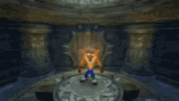 a cartoon character is standing in a dark room with a clock in the background