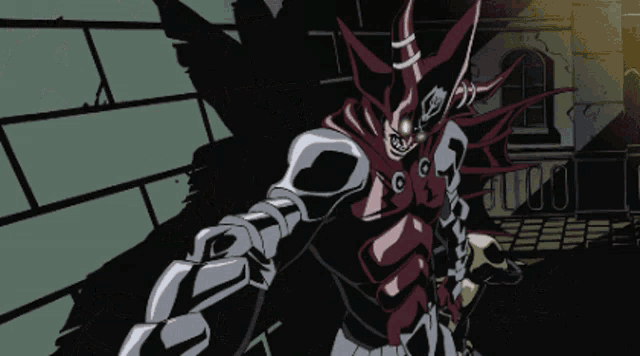 a cartoon drawing of a monster with horns and a skull on his head