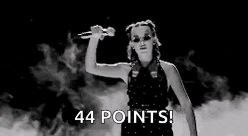 a black and white photo of a woman with her arms outstretched and the words `` 44 points '' .