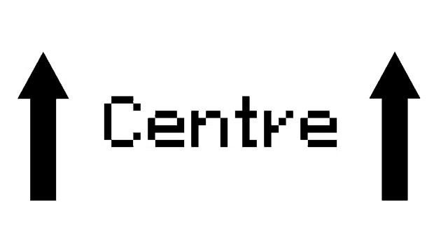 the word centre is written in pixel art with two arrows pointing up .