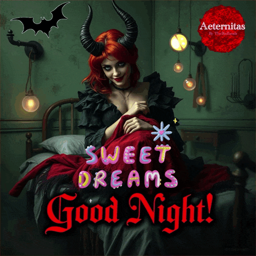 a picture of a woman with horns and the words sweet dreams good night on it