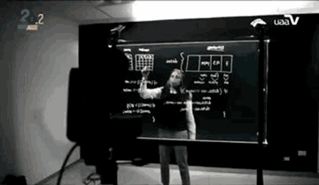 a woman wearing a mask is standing in front of a large blackboard .