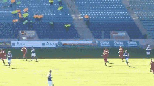 a soccer game is being played in a stadium with ads for sam