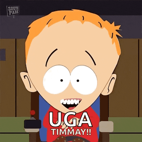 a cartoon character from south park is wearing a shirt that says uga timmay !