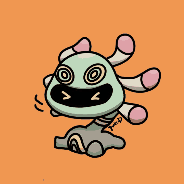 a cartoon drawing of a green and pink monster with a spiral on its face