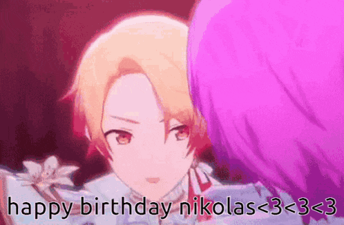 a couple of anime characters are hugging each other and the words `` happy birthday nikola '' are written on the bottom of the picture .