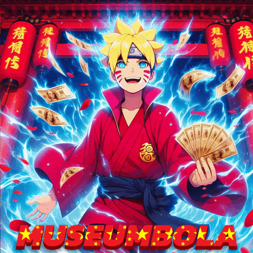 a poster for museum bola shows a boy in a red robe holding money