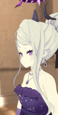 a girl with white hair and purple eyes wears a purple dress